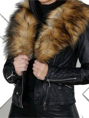 Faux Fur Trim Black Faux Leather Moto Jacket - Black with Brown Fur